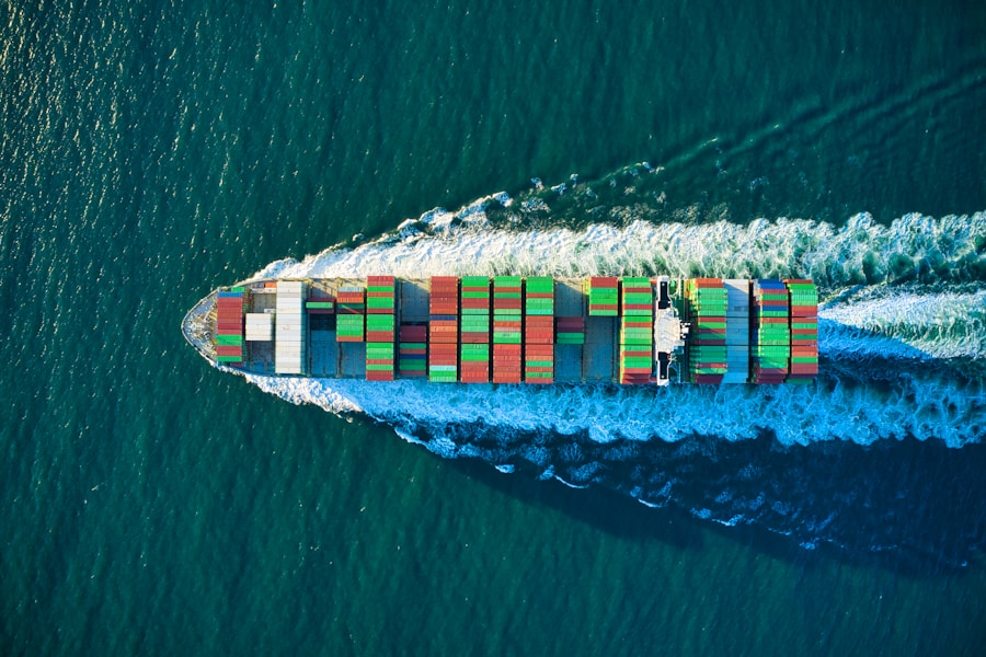 Aerial view of cargo ship at sea